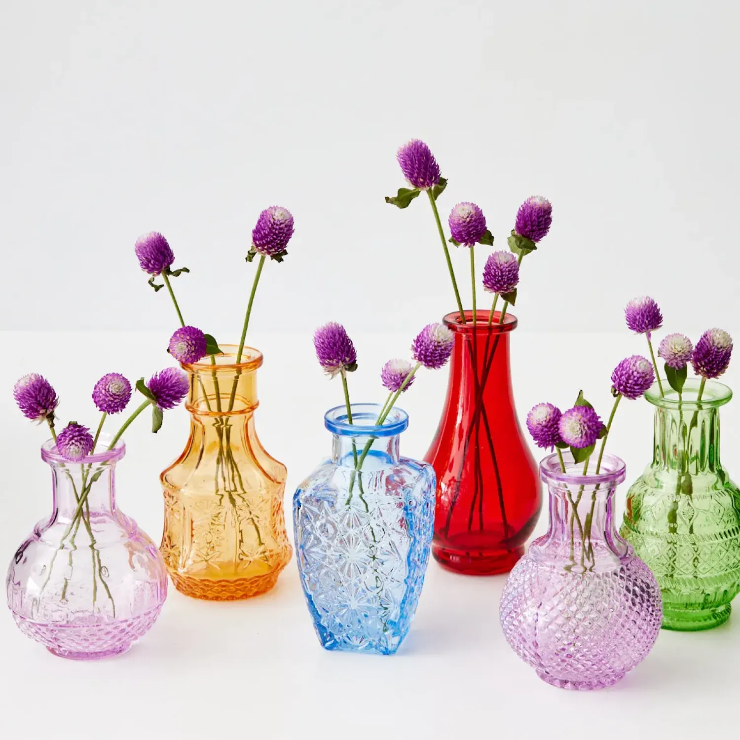 GigiandTom Vintage Bud Coloured Glass Vase Set 6* Vases